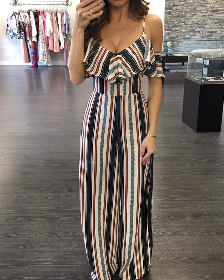

Sexy Cold Shoulder Backless Stripes Frill Jumpsuit, Multicolor