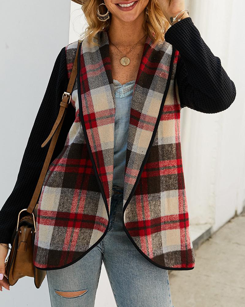 

Gingham Colorblock Long Sleeve Casual Cardigan, Khaki