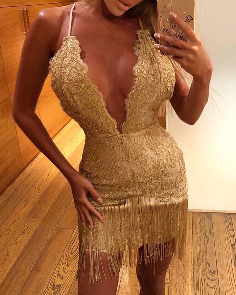 

Glitter Tassel Spaghetti Strap Party Dress, Gold