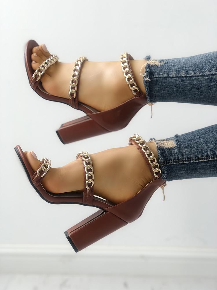 

Chain Embellished Ankle Strap Chunky Sandals, Coffee