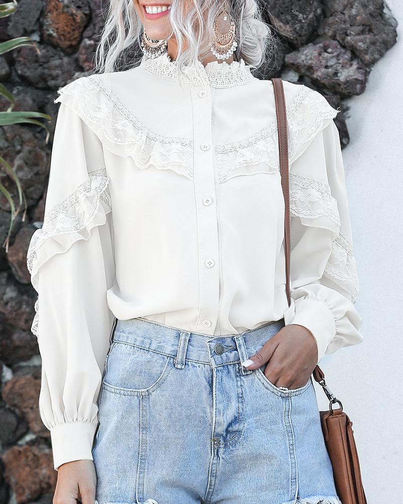

Lace Ruffles Trim Casual Long Sleeve Blouse, White