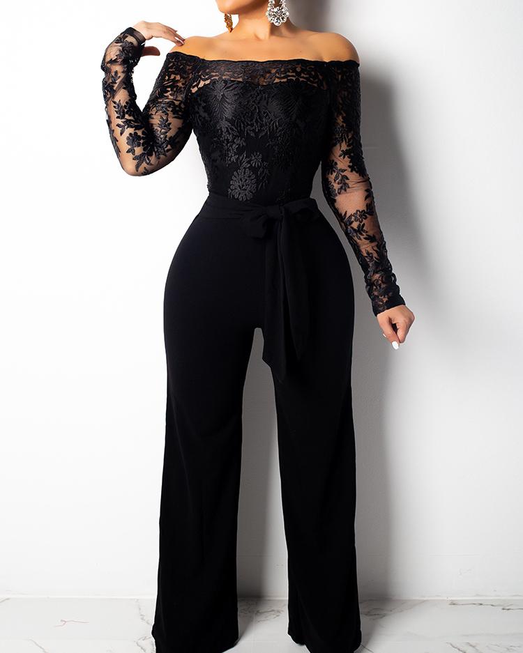 

Wide Leg Lace Bodice Belted Jumpsuits, Black