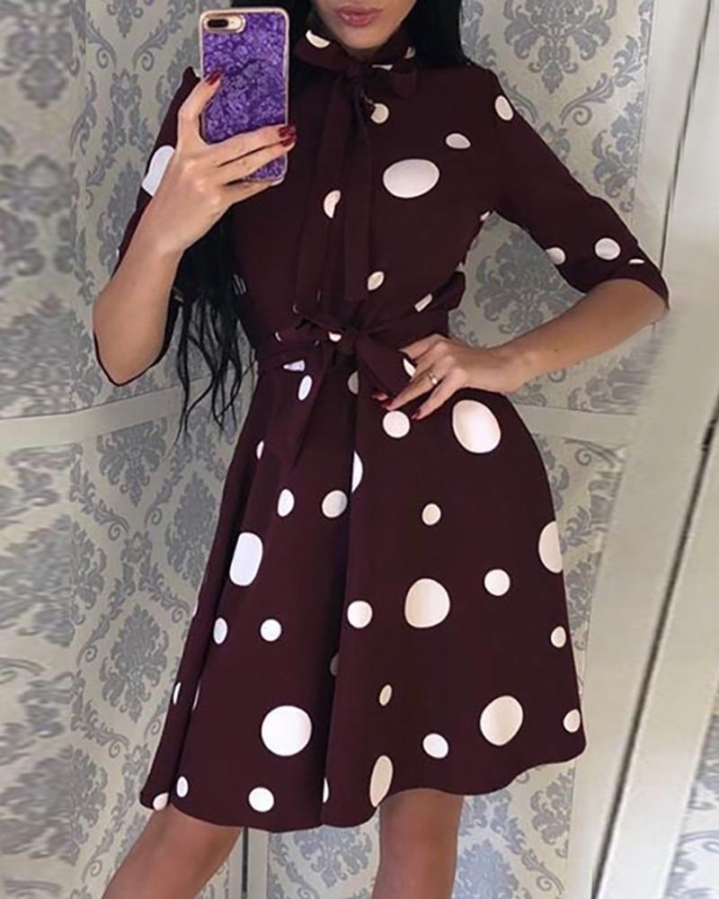 

Dot Tied Waist Casual Pleated Dress
