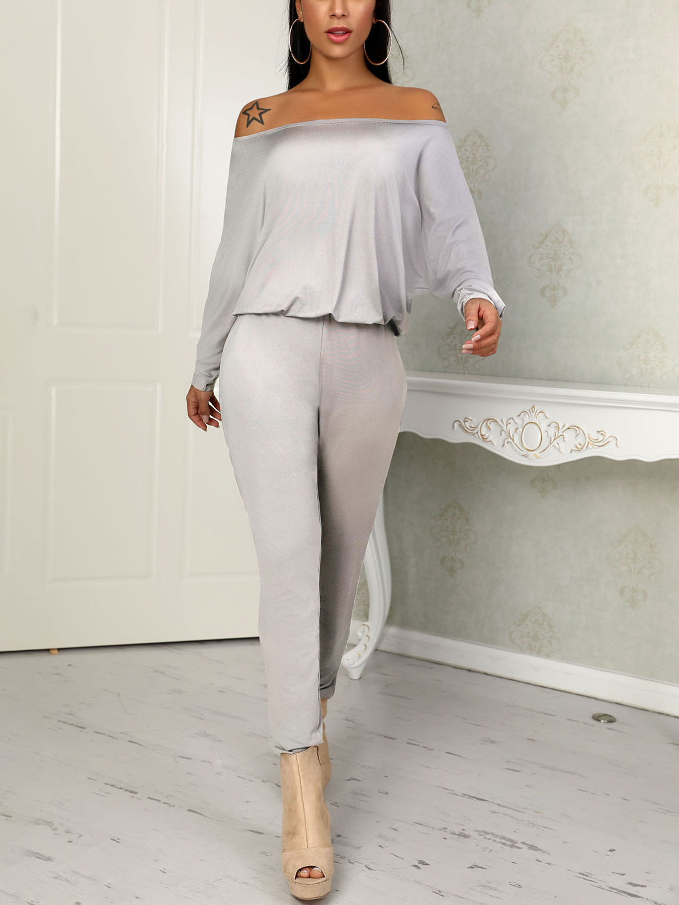 

Fashion Solid Off Shoulder Shirring Waist Jumpsuit