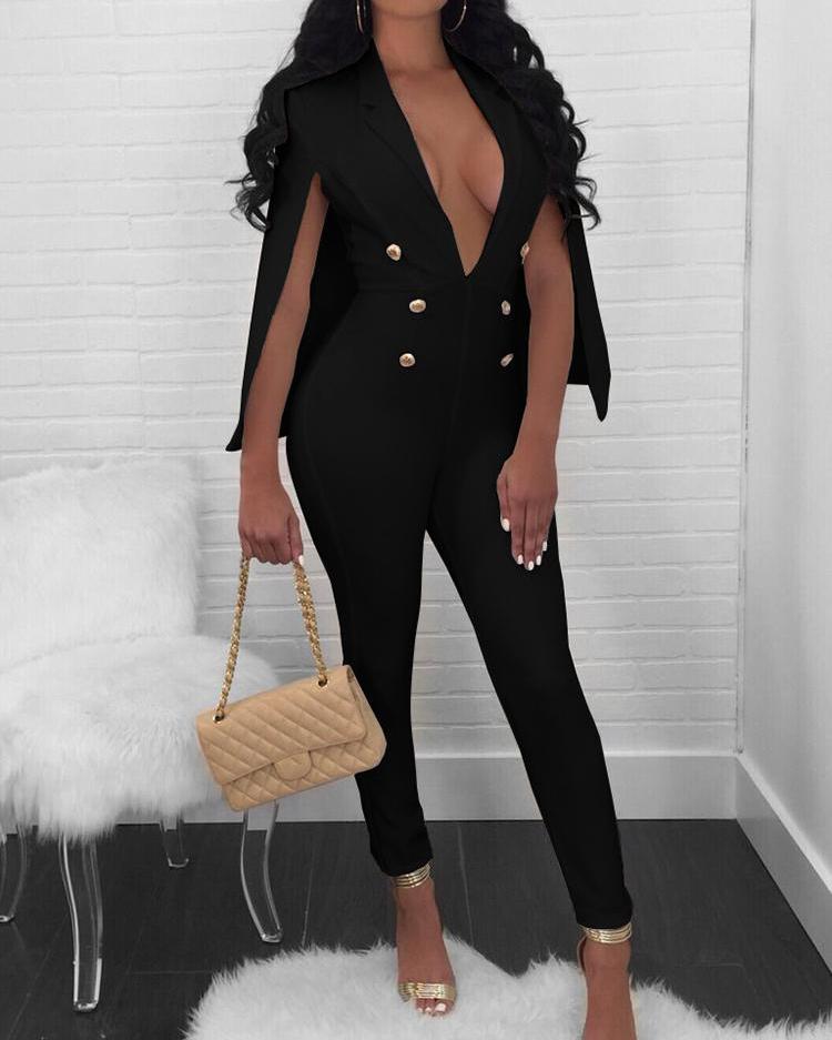 

Deep V Neck Cape Design Blazer Jumpsuit, Black