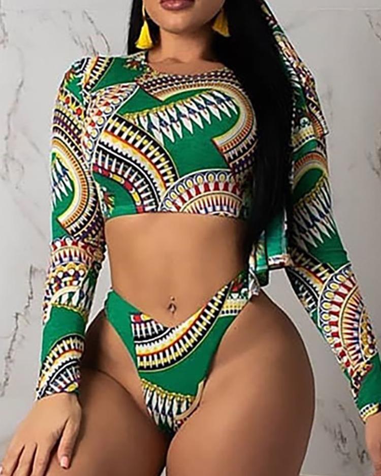 

Mixed Print Long Sleeve Bikini Set