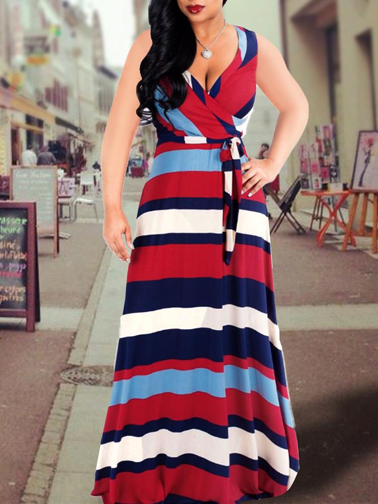 

Printed V Neck Tie Waist Maxi Wrap Dress