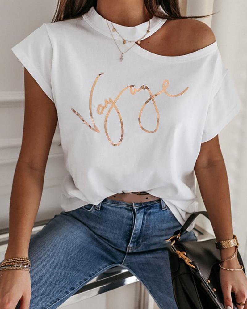 

Letter Print Cold Shoulder Casual T-shirt, White