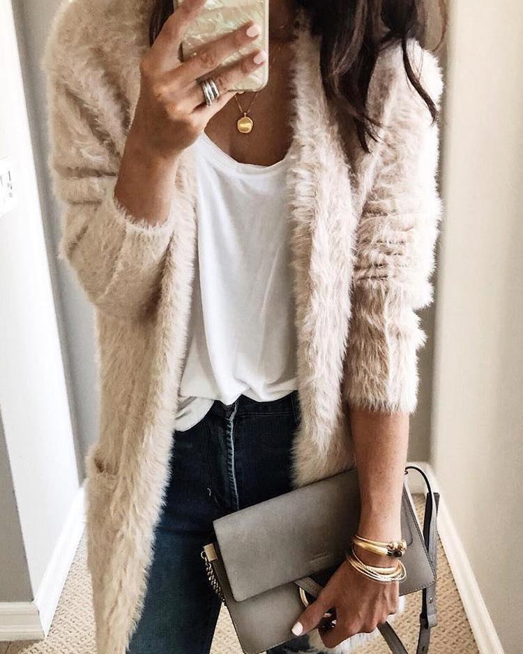 

Fluffy Open Front Pocket Design Coat, Beige
