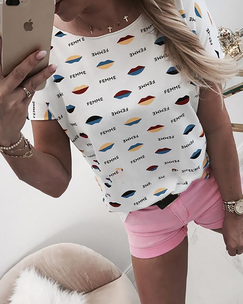 

Lips Print Short Sleeve Casual T-shirt, White