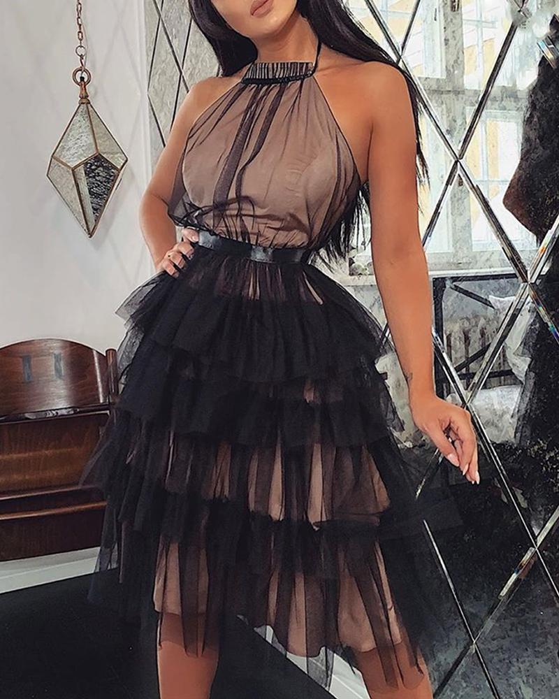 

Halter Neck Mesh Spliced Dresss, Black