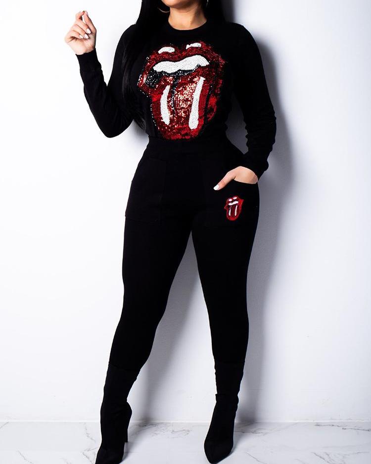 

Sequin Mouth Pattern Top & Pant Sets, Black