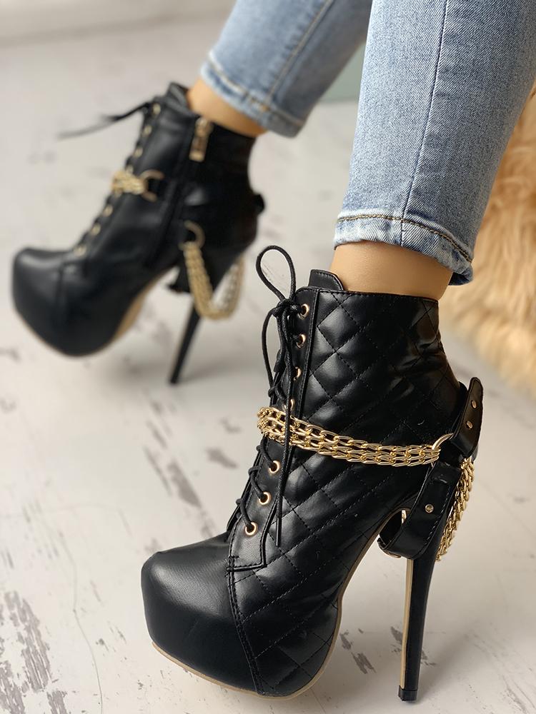 

Metallic Chains Embellished Platform Lace-Up Heels, Black