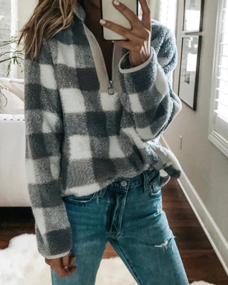 

Grid Fluffy Zipper Design Sweatshirt, Gray