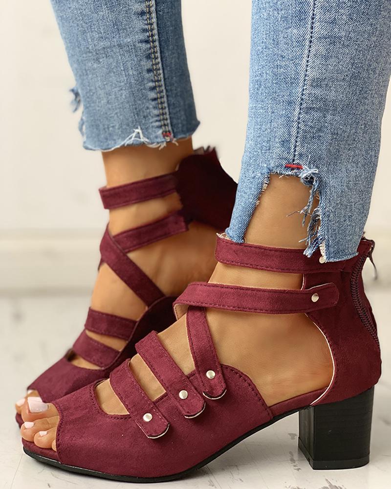 

Peep Toe Multi-Strap Chunky Heels, Wine red