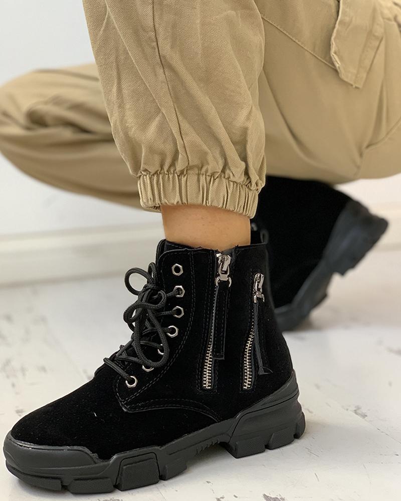 

PU Eyelet Lace-Up Zipper Design Boots, Black