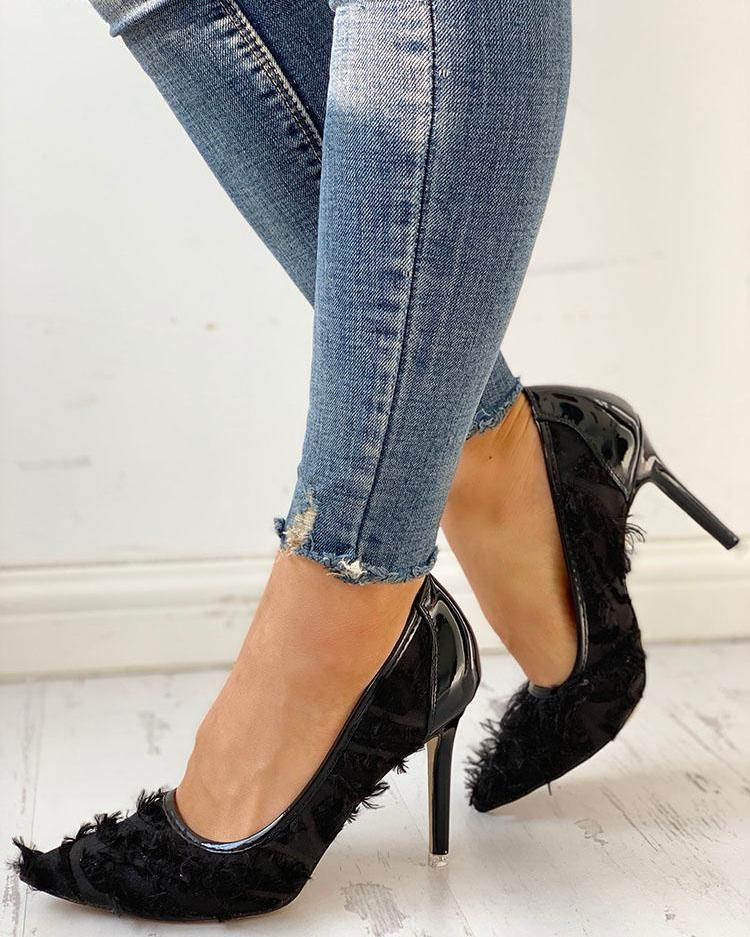 

Fluffy & Mesh Pointed Toe Heels, Black