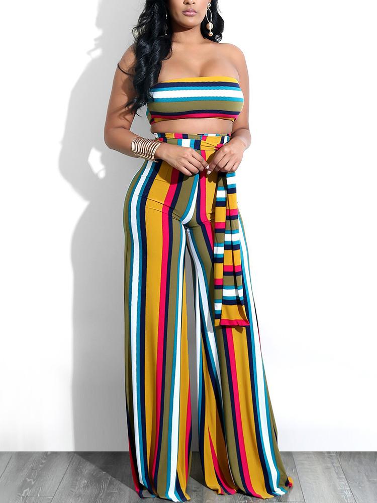 

Trendy Stripe Print Strapless Flared Pantsuit, Multicolor