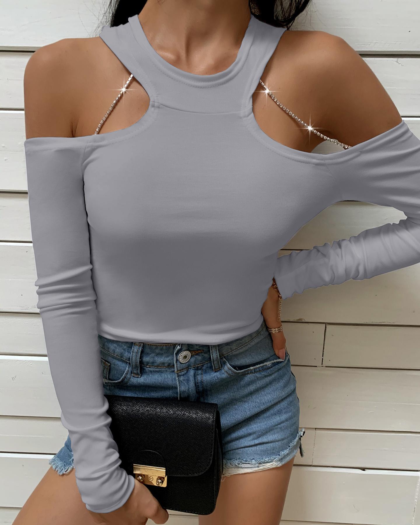 

Cold Shoulder Solid Long Sleeve Hooded Top, Gray