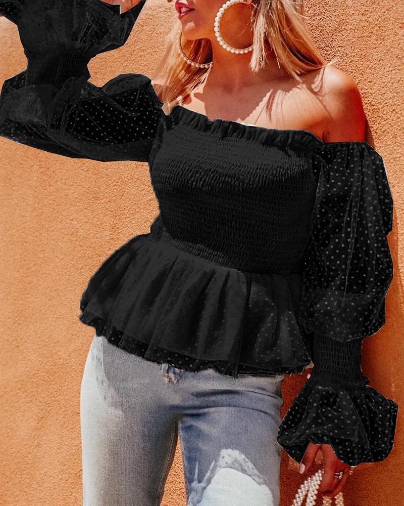 

Off Shoulder Sheer Mesh Lantern Sleeve Blouse, Black