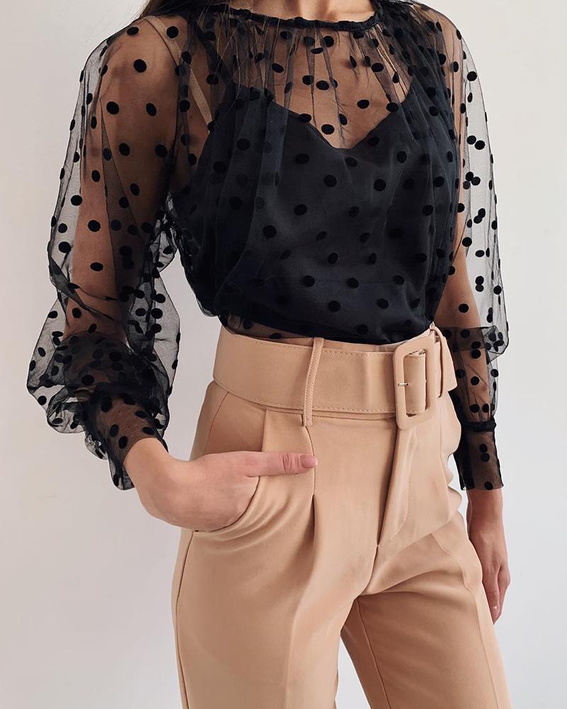 

Dot Sheer Mesh Casual Blouse With Lining