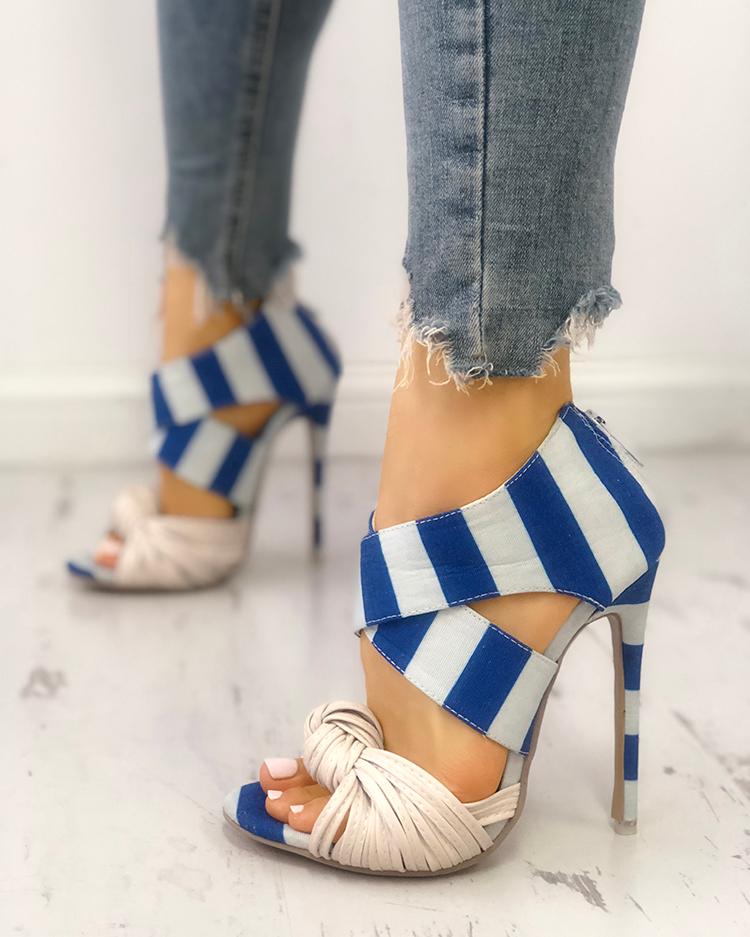 

Striped Crisscross Knotted Thin Heeled Sandals, Blue