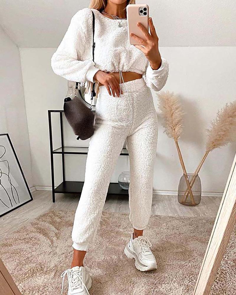 

Fluffy Drawstring Teddy Coat & Pants Set, White