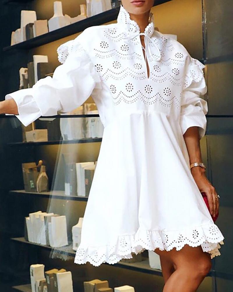 

Solid Eyelet Hollow Out Puff Sleeve Dress