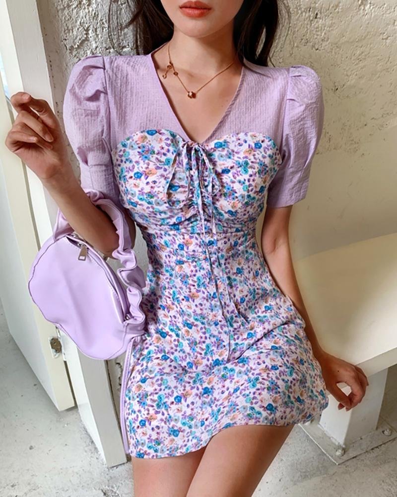 

Daisy Print Tie Front Ruched Dress, Purple