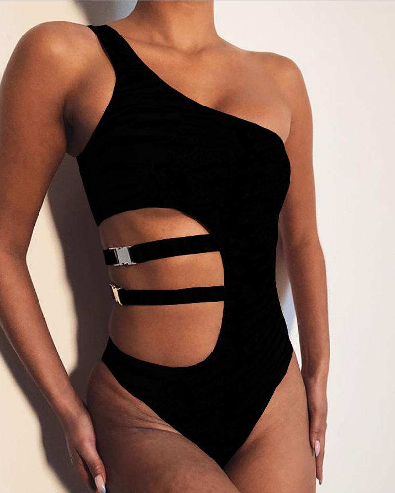 

One Shoulder Cutout Buckle One Piece Swimsuit, Black