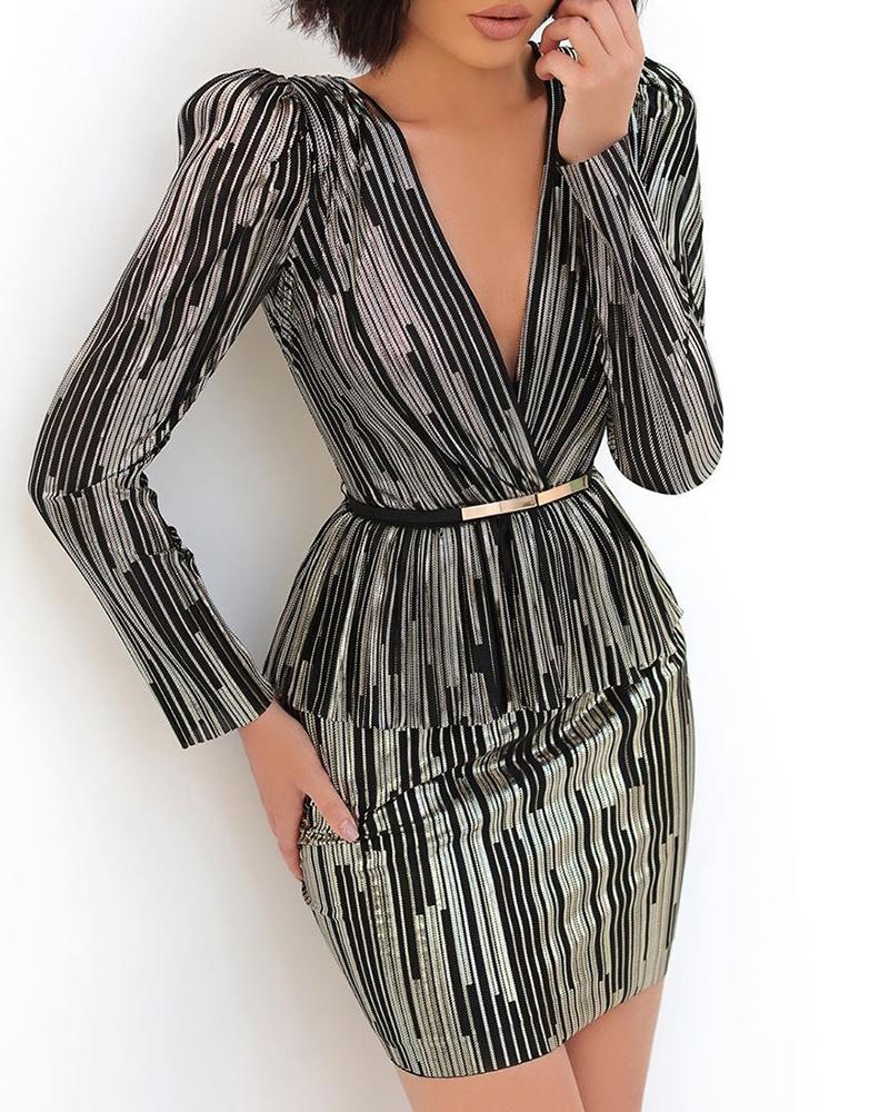 

Striped Puff Sleeve Ruffles Detail Bodycon Dress, Silver