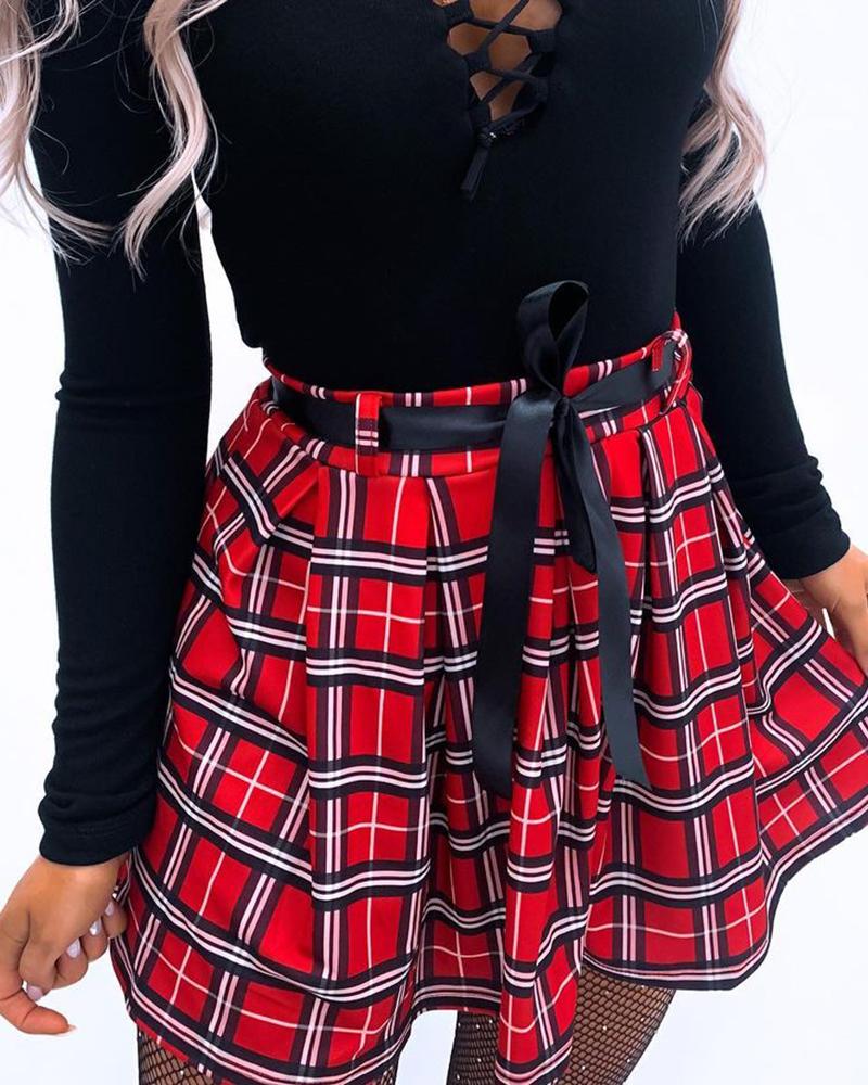 

High Waist Plaid Pleated Skirt, Red