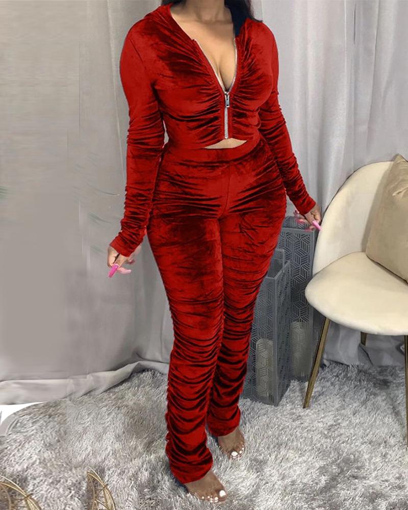 

Plain Zipper Design Long Sleeve Top & Pants Set, Red