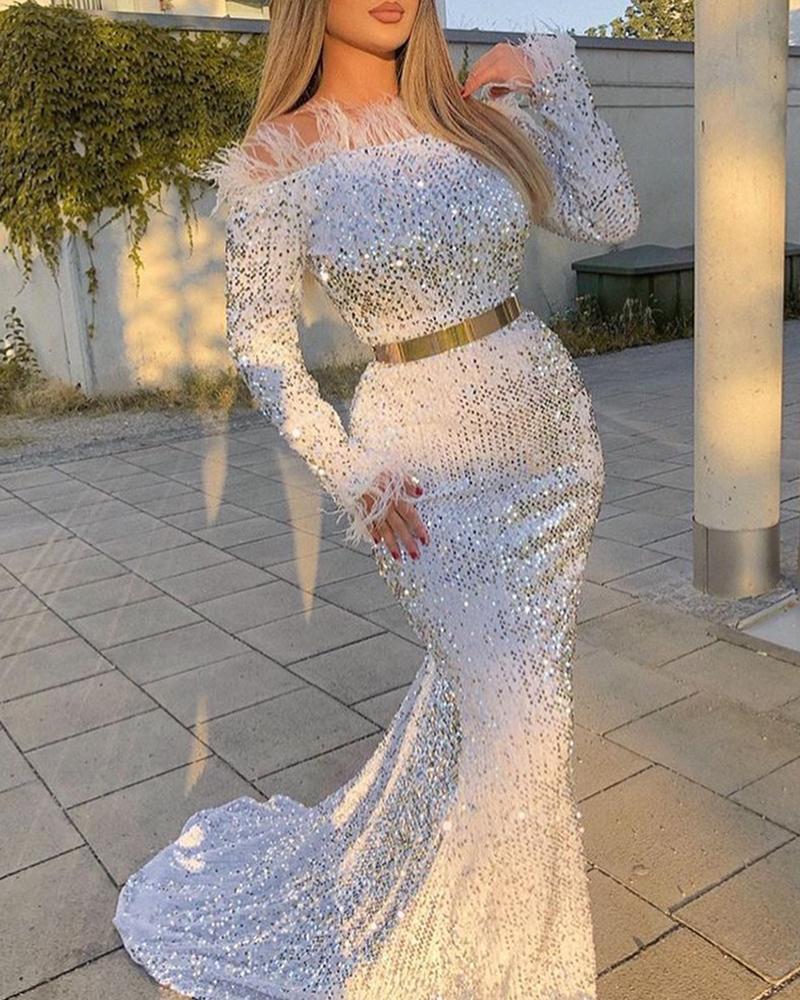 

Fluffy Off Shoulder Sequins Evening Gown Dress, Silver