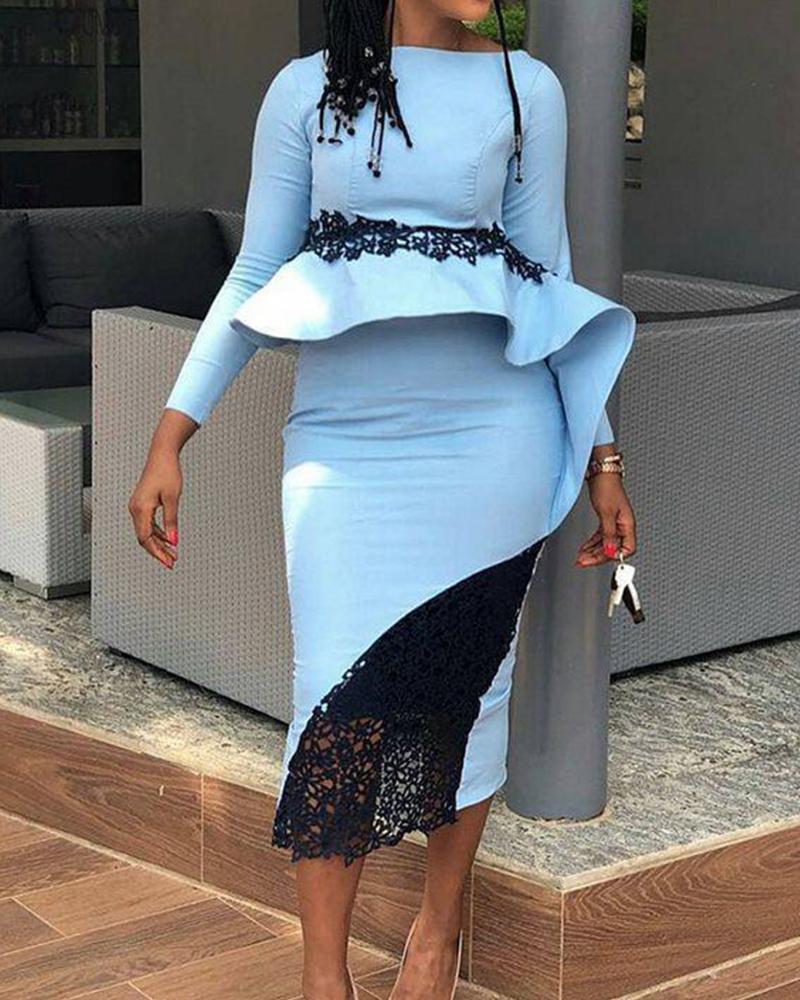

Lace Insert Ruffle Midi Dress, Sky blue