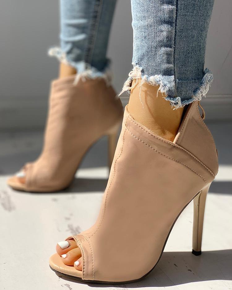 

Solid Peep Toe Zipper Up Thin Heeled Boots, Apricot