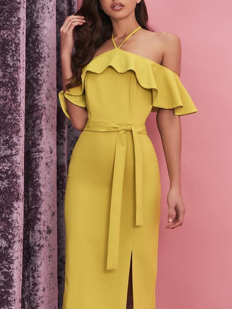 

Solid Ruffled Halter Self Belted Slit Dress