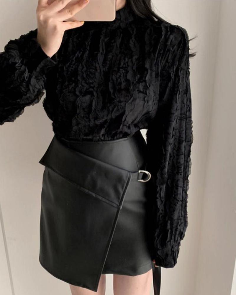 

Ruched Lace Patch Long Sleeve Blouse, Black