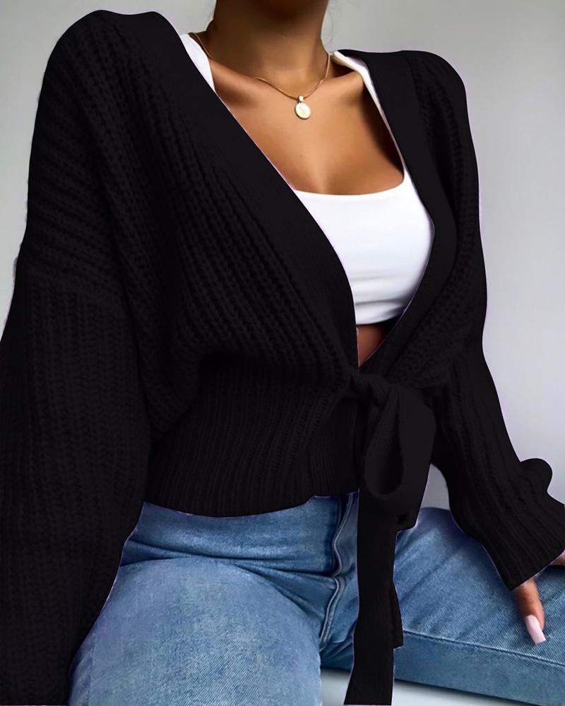 

Plain Tie Detail Long Sleeve Knit Sweater, Black