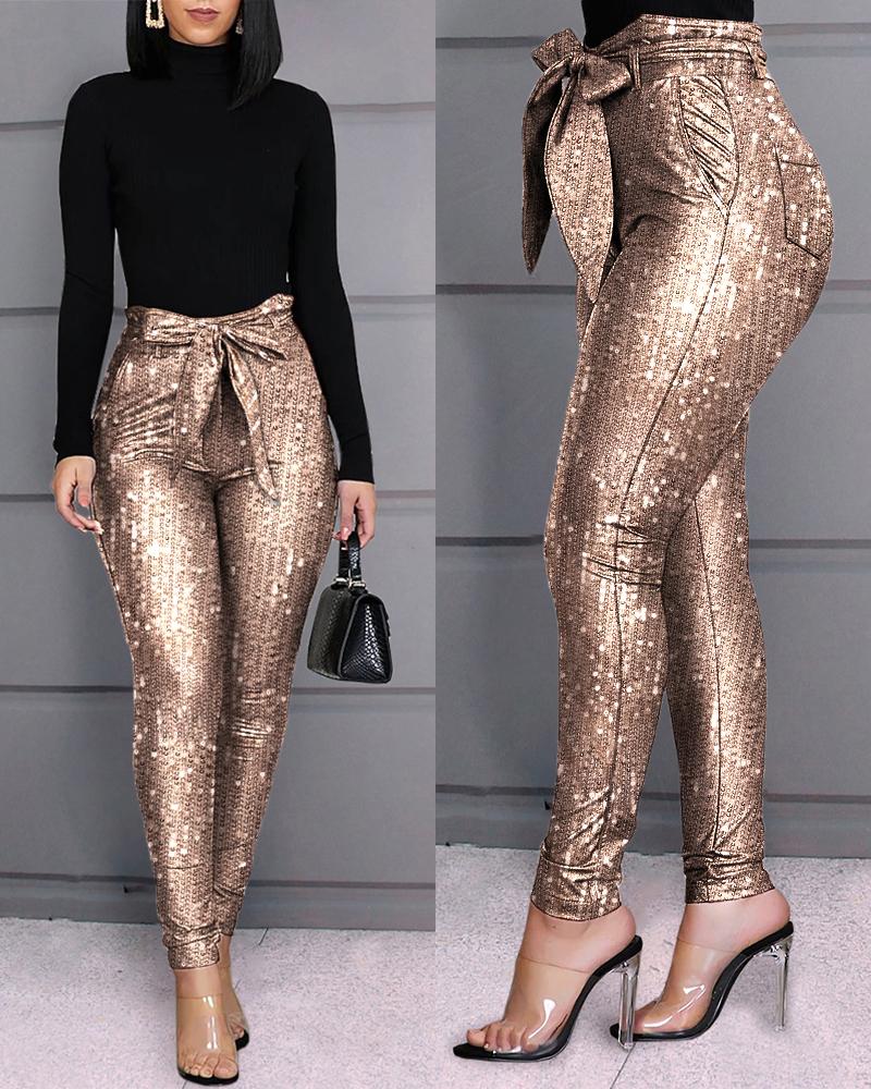 

Glitter Sequins Belted Skinny Pants, Champagne