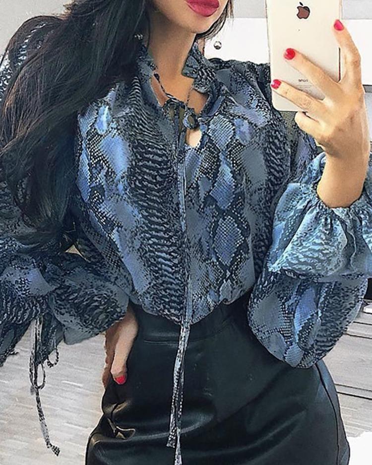 

Snake Print Tie Neck Bell Sleeve Blouse, Blue
