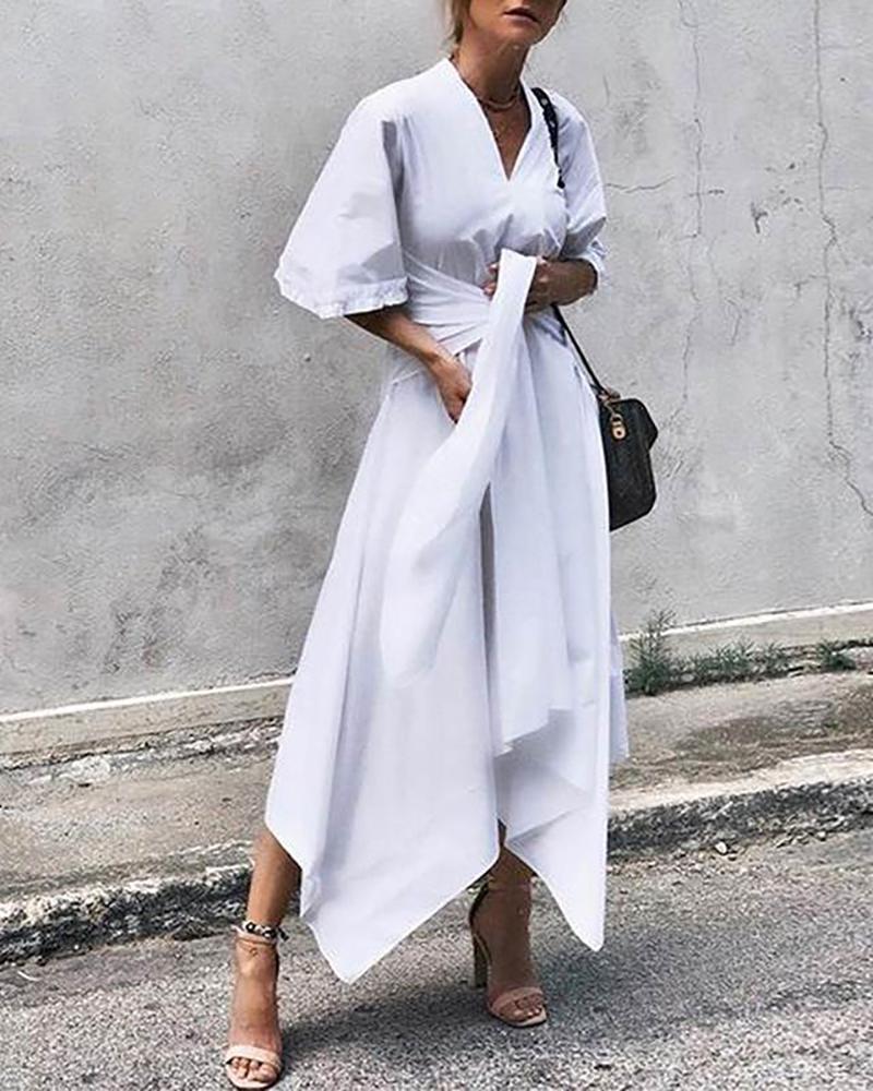 

Solid Knotted Irregular Hem Dress, White