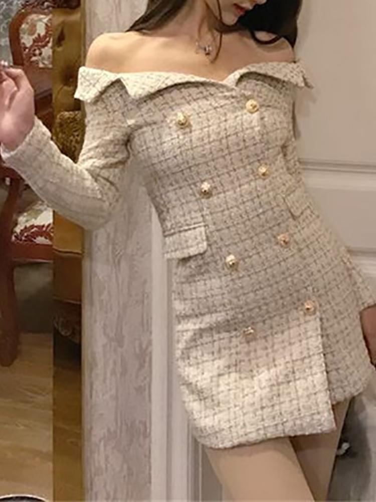 

Off Shoulder Grid Double Breasted Tweed Dress, White