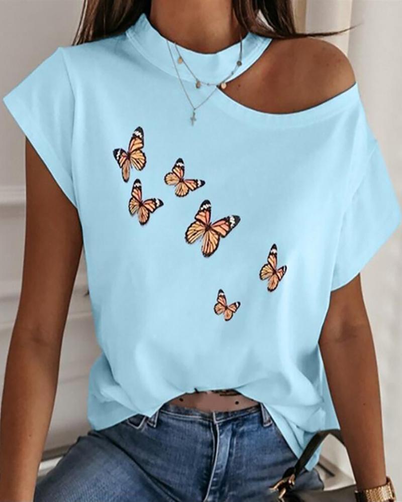 

Butterfly Print One Shoulder Casual T-shirt, Blue
