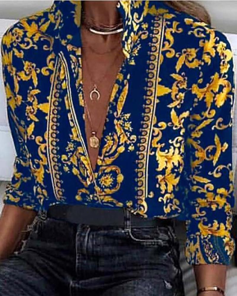 

Baroque Print Long Sleeve Casual Shirt, Blue