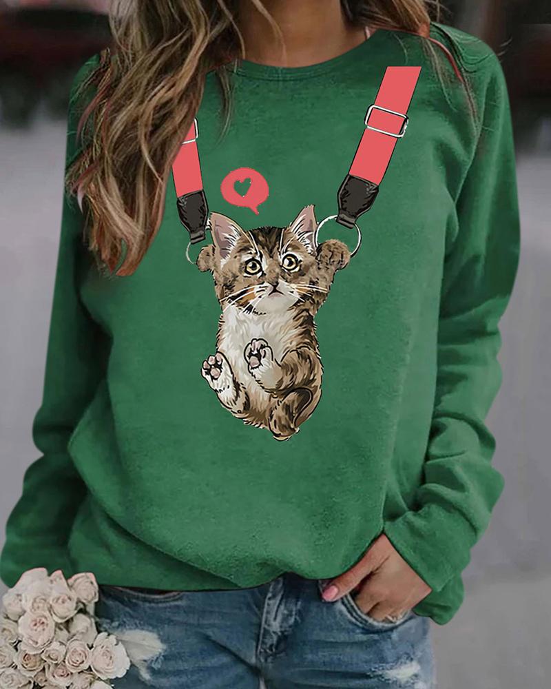 

Cat Print Long Sleeve Pullover Sweatshirt, Green