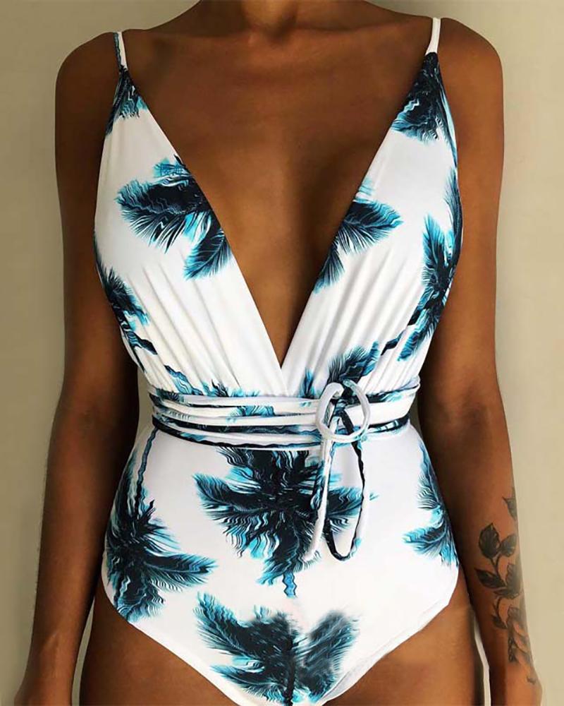 

Print Spaghetti Strap One Piece Swimsuit, Dark green