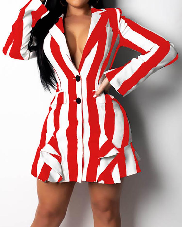 

Colorblock Striped Ruffles Detail Blazer Dress