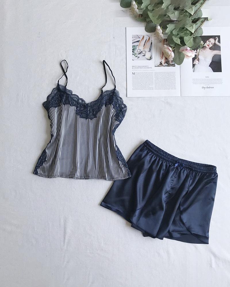 

Guipure Lace Stripe Satin Cami Set, Blue
