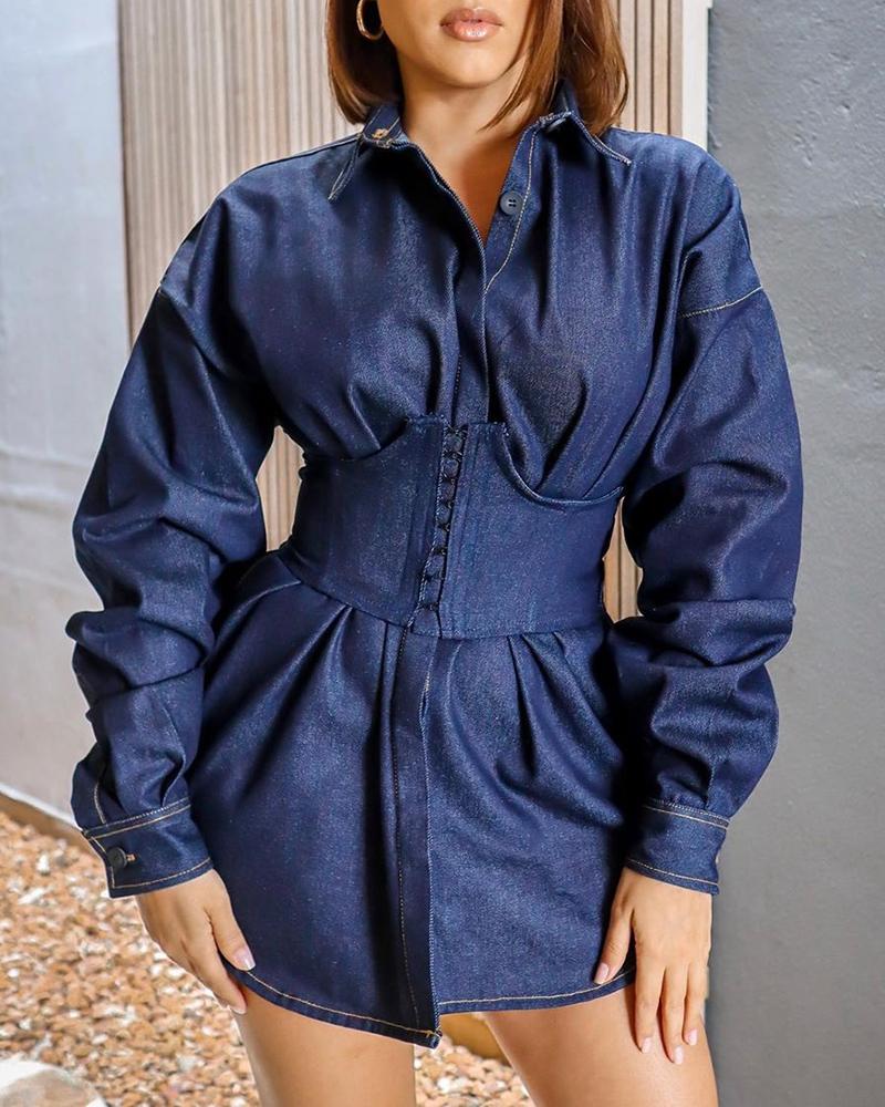

Solid Turn-down Collar Long Sleeve Denim Shirt Dress